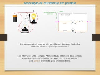 Associação de resistências em paralelo
Se a passagem de corrente for interrompida num dos ramos do circuito,
a corrente continua a passar pelo outro ramo.
Se o interruptor junto à lâmpada A for aberto, ou o filamento desta lâmpada
se quebrar, esta deixa de brilhar, mas a corrente continua a passar
pelo ramo 2, permitindo que a lâmpada B brilhe.
x
x A
B
A
B
Sentido convencional
da corrente
Ramo principal
Ramo 1
Ramo 2
Nó Nó
 