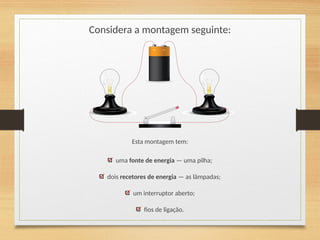 Considera a montagem seguinte:
Esta montagem tem:
uma fonte de energia — uma pilha;
dois recetores de energia — as lâmpadas;
um interruptor aberto;
fios de ligação.
 
