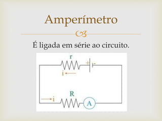 
É ligada em série ao circuito.
Amperímetro
 