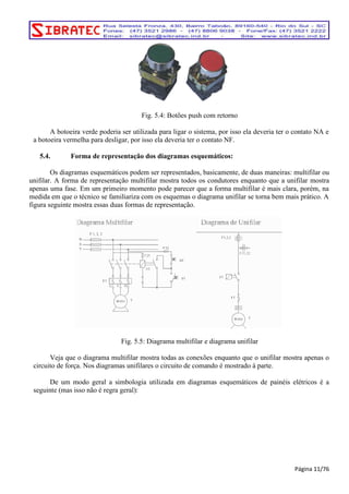 Fig. 5.4: Botões push com retorno 
A botoeira verde poderia ser utilizada para ligar o sistema, por isso ela deveria ter o contato NA e 
a botoeira vermelha para desligar, por isso ela deveria ter o contato NF. 
5.4. Forma de representação dos diagramas esquemáticos: 
Os diagramas esquemáticos podem ser representados, basicamente, de duas maneiras: multifilar ou 
unifilar. A forma de representação multifilar mostra todos os condutores enquanto que a unifilar mostra 
apenas uma fase. Em um primeiro momento pode parecer que a forma multifilar é mais clara, porém, na 
medida em que o técnico se familiariza com os esquemas o diagrama unifilar se torna bem mais prático. A 
figura seguinte mostra essas duas formas de representação. 
Fig. 5.5: Diagrama multifilar e diagrama unifilar 
Veja que o diagrama multifilar mostra todas as conexões enquanto que o unifilar mostra apenas o 
circuito de força. Nos diagramas unifilares o circuito de comando é mostrado à parte. 
De um modo geral a simbologia utilizada em diagramas esquemáticos de painéis elétricos é a 
seguinte (mas isso não é regra geral): 
Página 11/76 
 