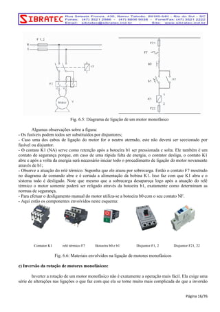 Fig. 6.5: Diagrama de ligação de um motor monofásico 
Algumas observações sobre a figura: 
- Os fusíveis podem todos ser substituídos por disjuntores; 
- Caso uma dos cabos de ligação do motor for o neutro aterrado, este não deverá ser seccionado por 
fusível ou disjuntor. 
- O contato K1 (NA) serve como retenção após a botoeira b1 ser pressionada e solta. Ele também é um 
contato de segurança porque, em caso de uma rápida falta de energia, o contator desliga, o contato K1 
abre e após a volta da energia será necessário iniciar todo o procedimento de ligação do motor novamente 
através de b1; 
- Observe a atuação do relé térmico. Suponha que ele atuou por sobrecarga. Então o contato F7 mostrado 
no diagrama de comando abre e é cortada a alimentação da bobina K1. Isso faz com que K1 abra e o 
sistema todo é desligado. Note que mesmo que a sobrecarga desapareça logo após a atuação do relé 
térmico o motor somente poderá ser religado através da botoeira b1, exatamente como determinam as 
normas de segurança. 
- Para efetuar o desligamento manual do motor utiliza-se a botoeira b0 com o seu contato NF. 
- Aqui estão os componentes envolvidos neste esquema: 
Contator K1 relé térmico F7 Botoeira b0 e b1 Disjuntor F1, 2 Disjuntor F21, 22 
Fig. 6.6: Materiais envolvidos na ligação de motores monofásicos 
c) Inversão da rotação de motores monofásicos: 
Inverter a rotação de um motor monofásico não é exatamente a operação mais fácil. Ela exige uma 
série de alterações nas ligações o que faz com que ela se torne muito mais complicada do que a inversão 
Página 16/76 
 