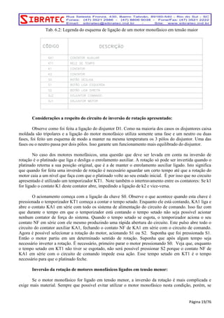 Tab. 6.2: Legenda do esquema de ligação de um motor monofásico em tensão maior 
Considerações a respeito do circuito de inversão de rotação apresentado: 
Observe como foi feita a ligação do disjuntor D1. Como na maioria dos casos os disjuntores caixa 
moldada são tripolares e a ligação do motor monofásico utiliza somente uma fase e um neutro ou duas 
fases, foi feito um esquema de modo a manter na mesma temperatura os 3 pólos do disjuntor. Uma das 
fases ou o neutro passa por dois pólos. Isso garante um funcionamento mais equilibrado do disjuntor. 
No caso dos motores monofásicos, uma questão que deve ser levada em conta na inversão de 
rotação é o platinado que liga e desliga o enrolamento auxiliar. A rotação só pode ser invertida quando o 
platinado retorna a sua posição original, que é a de manter o enrolamento auxiliar ligado. Isto significa 
que quando for feita uma inversão de rotação é necessário aguardar um certo tempo até que a rotação do 
motor caia a um nível que faça com que o platinado volte ao seu estado inicial. É por isso que no circuito 
apresentado é utilizado um temporizador KT1. Note também o intertravamento entre os contatores: Se k1 
for ligado o contato K1 deste contator abre, impedindo a ligação de k2 e vice-versa. 
O acionamento começa com a ligação da chave S0. Observe o que acontece quando esta chave é 
pressionada o temporizador KT1 começa a contar o tempo setado. Enquanto ele está contando, KA1 liga e 
abre o contato KA1 em série com todo os sistema de alimentação do circuito de comando. Isso faz com 
que durante o tempo em que o temporizador está contando o tempo setado não seja possível acionar 
nenhum contator de força do sistema. Quando o tempo setado se esgota, o temporizador aciona o seu 
contato NF em série com ele mesmo produzindo uma rápida abertura do circuito. Este pulso abre todo o 
circuito do contator auxiliar KA1, fechando o contato NF de KA1 em série com o circuito de comando. 
Agora é possível selecionar a rotação do motor, acionando S1 ou S2. Suponha que foi pressionada S1. 
Então o motor partiu em um determinado sentido de rotação. Suponha que após algum tempo seja 
necessário inverter a rotação. É necessário, primeiro parar o motor pressionando S0. Veja que, enquanto 
o tempo setado em KT1 não tiver se esgotado, não será possível pressionar S2 porque o contato NF de 
KA1 em série com o circuito de comando impede essa ação. Esse tempo setado em KT1 é o tempo 
necessário para que o platinado feche. 
Inversão da rotação de motores monofásicos ligados em tensão menor: 
Se o motor monofásico for ligado em tensão menor, a inversão da rotação é mais complicada e 
exige mais material. Sempre que possível evitar utilizar o motor monofásico nesta condição, porém, se 
Página 19/76 
 
