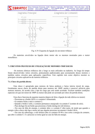 Fig. 6.19: Esquema de ligação de um motor trifásico 
Os materiais envolvidos na ligação deste motor são os mesmos mostrados para o motor 
monofásico. 
7. CIRCUITOS PRÁTICOS DE UTILIZAÇÃO DE MOTORES TRIFÁSICOS 
Os motores elétricos trifásicos são e longe os mais utilizados na indústria. Ao longo do tempo 
foram desenvolvidos vários circuitos, praticamente padronizados para acionamento desses motores e 
também outros circuitos para aplicações específicas. Este capítulo tem como objetivo mostrar os 
principais circuitos aplicativos de motores trifásicos. 
7.1. Chave de partida direta: 
Esta chave é apropriada para motores de baixa potência e baixa inércia inicial de carga. 
Geralmente usa-se chave de partida direta para motores até 10HP, porém é possível utilizá-la para 
motores maiores, de acordo com o tipo de carga que está sendo acionado. Existem também condições 
especiais em que um motor de 10HP ou menos não pode ser acionado por chave de partida direta. 
Esta chave funciona da seguinte maneira (depois de feita a ligação da rede elétrica no motor): 
- Pressiona-se o botão LIGA e o contator é alimentado; 
- O contator fecha e atrai o contato C; 
- Quando o botão é solto, o contator permanece energizado via contato C (contato de selo); 
- Para desligar há um botão que pressiona o botão desliga do relé térmico; 
- Em caso de falta de energia, o contator abre e o contato C abre junto, de modo que quando a 
energia volta a chave não liga o motor até que alguém pressione novamente o botão LIGA; 
- Em caso de sobrecarga, o relé térmico abre os contatos 95-96 e isso corta a energia do contator, 
que abre o contato C. E o processo se torna igual ao caso de falta de energia. 
Página 29/76 
 