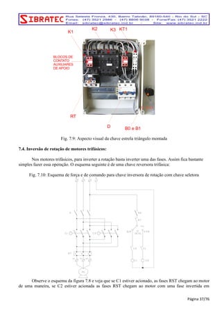 K2 K3 
K1 
KT1 
D 
BLOCOS DE 
CONTATO 
AUXILIARES 
DE APOIO 
RT 
B0 e B1 
CCA 
Fig. 7.9: Aspecto visual da chave estrela triângulo montada 
7.4. Inversão de rotação de motores trifásicos: 
Nos motores trifásicos, para inverter a rotação basta inverter uma das fases. Assim fica bastante 
simples fazer essa operação. O esquema seguinte é de uma chave reversora trifásica: 
Fig. 7.10: Esquema de força e de comando para chave inversora de rotação com chave seletora 
Observe o esquema da figura 7.8 e veja que se C1 estiver acionado, as fases RST chegam ao motor 
de uma maneira, se C2 estiver acionada as fases RST chegam ao motor com uma fase invertida em 
Página 37/76 
 