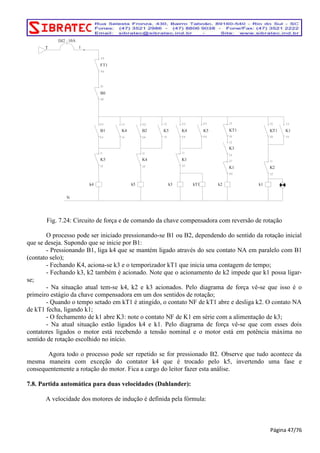 KT1 K1 
Fig. 7.24: Circuito de força e de comando da chave compensadora com reversão de rotação 
O processo pode ser iniciado pressionando-se B1 ou B2, dependendo do sentido da rotação inicial 
que se deseja. Supondo que se inicie por B1: 
- Pressionando B1, liga k4 que se mantém ligado através do seu contato NA em paralelo com B1 
(contato selo); 
- Fechando K4, aciona-se k3 e o temporizador kT1 que inicia uma contagem de tempo; 
- Fechando k3, k2 também é acionado. Note que o acionamento de k2 impede que k1 possa ligar-se; 
- Na situação atual tem-se k4, k2 e k3 acionados. Pelo diagrama de força vê-se que isso é o 
primeiro estágio da chave compensadora em um dos sentidos de rotação; 
- Quando o tempo setado em kT1 é atingido, o contato NF de kT1 abre e desliga k2. O contato NA 
de kT1 fecha, ligando k1; 
- O fechamento de k1 abre K3: note o contato NF de K1 em série com a alimentação de k3; 
- Na atual situação estão ligados k4 e k1. Pelo diagrama de força vê-se que com esses dois 
contatores ligados o motor está recebendo a tensão nominal e o motor está em potência máxima no 
sentido de rotação escolhido no início. 
Agora todo o processo pode ser repetido se for pressionado B2. Observe que tudo acontece da 
mesma maneira com exceção do contator k4 que é trocado pelo k5, invertendo uma fase e 
consequentemente a rotação do motor. Fica a cargo do leitor fazer esta análise. 
7.8. Partida automática para duas velocidades (Dahlander): 
A velocidade dos motores de indução é definida pela fórmula: 
Página 47/76 
T 
DJ2 10A 
1 
K4 K5 
K1 
K3 
K1 
k2 
B0 
N 
kT1 
KT1 
K2 
k1 
FT1 
B2 K5 
K4 
k5 
B1 K4 
K5 
k4 k3 
 