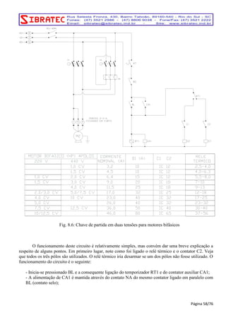 Fig. 8.6: Chave de partida em duas tensões para motores bifásicos 
O funcionamento deste circuito é relativamente simples, mas convém dar uma breve explicação a 
respeito de alguns pontos. Em primeiro lugar, note como foi ligado o relé térmico e o contator C2. Veja 
que todos os três pólos são utilizados. O relé térmico iria desarmar se um dos pólos não fosse utilizado. O 
funcionamento do circuito é o seguinte: 
- Inicia-se pressionado BL e a consequente ligação do temporizador RT1 e do contator auxiliar CA1; 
- A alimentação de CA1 é mantida através do contato NA do mesmo contator ligado em paralelo com 
BL (contato selo); 
Página 58/76 
 