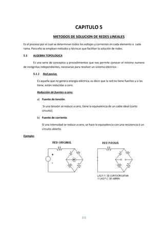 111
CAPITULO 5
METODOS DE SOLUCION DE REDES LINEALES
Es el proceso por el cual se determinan todos los voltajes y corrientes en cada elemento o cada
rama. Para ello se emplean métodos y técnicas que facilitan la solución de redes.
5.1 ALGEBRA TOPOLOGICA
Es una serie de conceptos y procedimientos que nos permite conocer el mínimo numero
de incógnitas independientes, necesarias para resolver un sistema eléctrico.
5.1.1 Red pasiva.
Es aquella que no genera energía eléctrica, es decir que la red no tiene fuentes y si las
tiene, están reducidas a cero.
Reducción de fuentes a cero:
a) Fuente de tensión.
Si una tensión se reduce a cero, tiene la equivalencia de un cable ideal (corto
circuito).
b) Fuente de corriente.
Si una intensidad se reduce a cero, se hace la equivalencia con una resistencia ó un
circuito abierto.
Ejemplo:
 