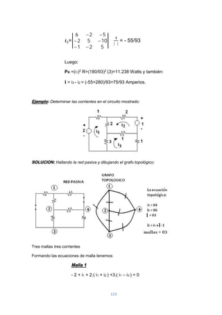 119
=
6 −2 −5
−2 5 −10
−1 −2 5
∗ |∆|
= - 55/93
Luego:
PR =(i1)2 R=(180/93)2 (3)=11.238 Watts y también:
i = i3 - i2 = (-55+280)/93=75/93 Amperios.
Ejemplo: Determinar las corrientes en el circuito mostrado:
SOLUCION: Hallando la red pasiva y dibujando el grafo topológico:
Tres mallas tres corrientes
Formando las ecuaciones de malla tenemos:
Malla 1
- 2 + i1 + 2.( i1 + i2 ) +3.( i1 – i3 ) = 0
 
