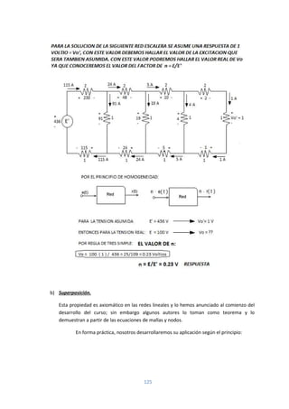 125
b) Superposición.
Esta propiedad es axiomático en las redes lineales y lo hemos anunciado al comienzo del
desarrollo del curso; sin embargo algunos autores lo toman como teorema y lo
demuestran a partir de las ecuaciones de mallas y nodos.
En forma práctica, nosotros desarrollaremos su aplicación según el principio:
 