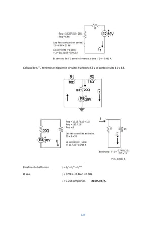 128
Calculo de I2’’’, tenemos el siguiente circuito: Funciona E2 y se cortocircuita E1 y E3.
Finalmente hallamos: I2 = I2’ + I2’’ + I2’’’
O sea. I2 = 0.923 – 0.462 + 0.307
I2 =0.768 Amperios. RESPUESTA.
 
