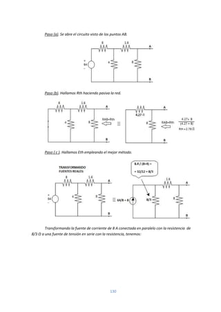 130
Paso (a). Se abre el circuito visto de los puntos AB.
Paso (b). Hallamos Rth haciendo pasiva la red.
Paso ( c ). Hallamos Eth empleando el mejor método.
Transformando la fuente de corriente de 8 A conectada en paralelo con la resistencia de
8/3 Ω a una fuente de tensión en serie con la resistencia, tenemos:
 