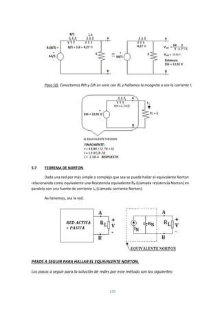 131
Paso (d). Conectamos Rth y Eth en serie con RL y hallamos la incógnita o sea la corriente I:
5.7 TEOREMA DE NORTON.
Dada una red por más simple o compleja que sea se puede hallar el equivalente Norton
relacionando como equivalente una Resistencia equivalente RN (Llamada resistencia Norton) en
paralelo con una fuente de corriente IN (Llamada corriente Norton).
Así tenemos, sea la red:
PASOS A SEGUIR PARA HALLAR EL EQUIVALENTE NORTON.
Los pasos a seguir para la solución de redes por este método son los siguientes:
 