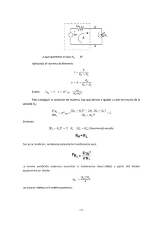 165
Lo que queremos es que →
Aplicando el teorema de thevenin:
=
+
= ×
+
Como: = ∗ = ∗ ( )
Para conseguir la condición de máximo, hay que derivar e igualar a cero en función de la
variable :
= ×
( + ) − 2 ( + )
( + )
= 0
Entonces.
( + ) = 2 ∗ ∗ ( + ), Resolviendo resulta:
Con esta condición, la máxima potencia de transferencia será:
La misma condición podemos encontrar si hubiéramos desarrollado a partir del Norton
equivalente, en donde
=
( )
4
Las curvas relativas a la máxima potencia:
 