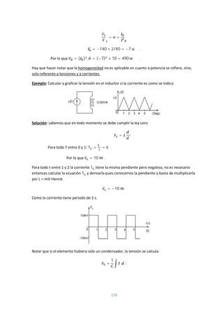 176
= =
= −140 × 2/40 = −7 .
Por lo que = ( )². = (−7) × 10 = 490 .
Hay que hacer notar que la homogeneidad no es aplicable en cuanto a potencia se refiere, sino,
solo referente a tensiones y a corrientes.
Ejemplo: Calcular y graficar la tensión en el inductor si la corriente es como se indica:
Solución: sabemos que en todo momento se debe cumplir la ley Lenz
=
Para todo T entre 0 y 1: 1 = =
Por lo que = 10 .
Para todo t entre 1 y 2 la corriente 1 tiene la misma pendiente pero negativa; no es necesario
entonces calcular la ecuación 1 y derivarla pues conocemos la pendiente y basta de multiplicarla
por L = mili Henrié.
= −10
Como la corriente tiene periodo de 2 s.
Notar que si el elemento hubiera sido un condensador, la tensión se calcula:
+
1
:
 
