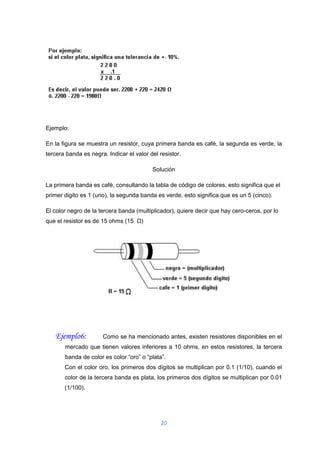 20
Ejemplo:
En la figura se muestra un resistor, cuya primera banda es café, la segunda es verde, la
tercera banda es negra. Indicar el valor del resistor.
Solución
La primera banda es café, consultando la tabla de código de colores, esto significa que el
primer digito es 1 (uno), la segunda banda es verde, esto significa que es un 5 (cinco).
El color negro de la tercera banda (multiplicador), quiere decir que hay cero-ceros, por lo
que el resistor es de 15 ohms (15 Ω)
Ejemplo6: Como se ha mencionado antes, existen resistores disponibles en el
mercado que tienen valores inferiores a 10 ohms, en estos resistores, la tercera
banda de color es color “oro” o “plata”.
Con el color oro, los primeros dos dígitos se multiplican por 0.1 (1/10), cuando el
color de la tercera banda es plata, los primeros dos dígitos se multiplican por 0.01
(1/100).
 