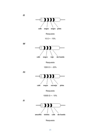 23
(f)
Respuesta
10 Ω + - 10%
(g)
Respuesta
1000 Ω + - 20%
(h)
Respuesta
10000 Ω + - 10%
(i)
Respuesta
 