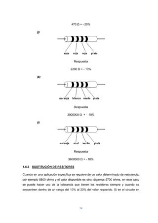 24
470 Ω + - 20%
(j)
Respuesta
2200 Ω + - 10%
(k)
Respuesta
3900000 Ω + - 10%
(l)
Respuesta
3600000 Ω + - 10%
1.5.2 SUSTITUCIÓN DE RESITORES
Cuando en una aplicación específica se requiere de un valor determinado de resistencia,
por ejemplo 5800 ohms y el valor disponible es otro, digamos 5700 ohms, en este caso
se puede hacer uso de la tolerancia que tienen los resistores siempre y cuando se
encuentren dentro de un rango del 10% al 20% del valor requerido. Si en el circuito en
 