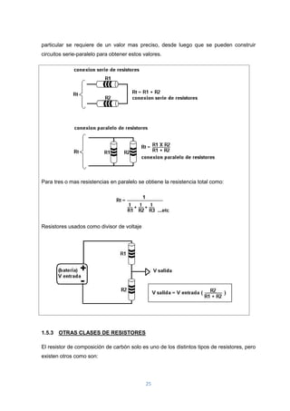 25
particular se requiere de un valor mas preciso, desde luego que se pueden construir
circuitos serie-paralelo para obtener estos valores.
Para tres o mas resistencias en paralelo se obtiene la resistencia total como:
Resistores usados como divisor de voltaje
1.5.3 OTRAS CLASES DE RESISTORES
El resistor de composición de carbón solo es uno de los distintos tipos de resistores, pero
existen otros como son:
 