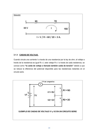 39
Solución
2.1.3 CAIDAS DE VOLTAJE.
Cuando circula una corriente I a través de una resistencia por la ley de ohm, el voltaje a
través de la resistencia es igual R x I, este voltaje R x I a través de cada resistencia, se
conoce como “la caída de voltaje o llamado también caída de tensión” debido a que
se reduce la diferencia del potencial disponible para las resistencias restantes en el
circuito serie.
EJEMPLO DE CAIDAS DE VOLTAJE V1 y V2 EN UN CIRCUITO SERIE
 
