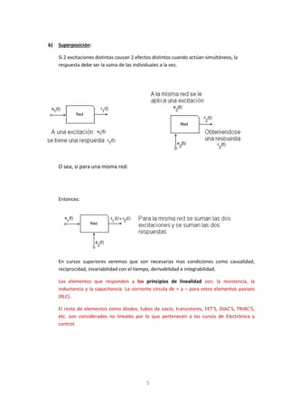 5
b) Superposición:
Si 2 excitaciones distintas causan 2 efectos distintos cuando actúan simultáneos, la
respuesta debe ser la suma de las individuales a la vez.
O sea, si para una misma red:
Entonces:
En cursos superiores veremos que son necesarias mas condiciones como causalidad,
reciprocidad, invariabilidad con el tiempo, derivabilidad e integrabilidad.
Los elementos que responden a los principios de linealidad son: la resistencia, la
inductancia y la capacitancia. La corriente circula de + a – para estos elementos pasivos
(RLC).
El resto de elementos como diodos, tubos de vacío, transistores, FET’S, DIAC’S, TRIAC’S,
etc. son considerados no lineales por lo que pertenecen a los cursos de Electrónica y
control.
 