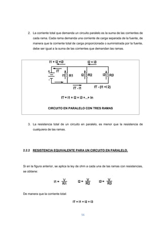 56
2. La corriente total que demanda un circuito paralelo es la suma de las corrientes de
cada rama. Cada rama demanda una corriente de carga separada de la fuente, de
manera que la corriente total de carga proporcionada o suministrada por la fuente,
debe ser igual a la suma de las corrientes que demandan las ramas.
CIRCUITO EN PARALELO CON TRES RAMAS
3. La resistencia total de un circuito en paralelo, es menor que la resistencia de
cualquiera de las ramas.
2.2.2 RESISTENCIA EQUIVALENTE PARA UN CIRCUITO EN PARALELO.
Si en la figura anterior, se aplica la ley de ohm a cada una de las ramas con resistencias,
se obtiene:
De manera que la corriente total:
IT = I1 + I2 + I3
 