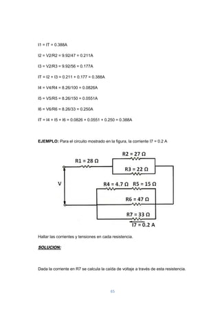 65
I1 = IT = 0.388A
I2 = V2/R2 = 9.92/47 = 0.211A
I3 = V2/R3 = 9.92/56 = 0.177A
IT = I2 + I3 = 0.211 + 0.177 = 0.388A
I4 = V4/R4 = 8.26/100 = 0.0826A
I5 = V5/R5 = 8.26/150 = 0.0551A
I6 = V6/R6 = 8.26/33 = 0.250A
IT = I4 + I5 + I6 = 0.0826 + 0.0551 + 0.250 = 0.388A
EJEMPLO: Para el circuito mostrado en la figura, la corriente I7 = 0.2 A
Hallar las corrientes y tensiones en cada resistencia.
SOLUCION:
Dada la corriente en R7 se calcula la caída de voltaje a través de esta resistencia.
 