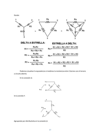 67
Donde:
Podemos visualizar la equivalencia si medimos la resistencia entre 2 bornes con el tercero
a circuito abierto.
En la conexión Δ:
En la estrella Y:
Agrupando por distributivita en la conexión Δ:
 