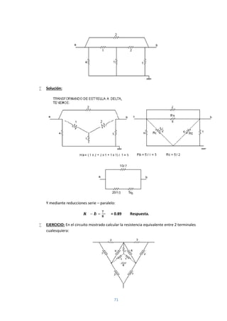71
 Solución:
Y mediante reducciones serie – paralelo:
− = Ω = 0.89 Ω Respuesta.
 EJERCICIO: En el circuito mostrado calcular la resistencia equivalente entre 2 terminales
cualesquiera:
 