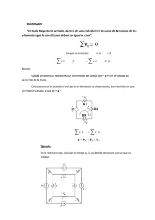 80
ENUNCIADO:
“En toda trayectoria cerrada, dentro de una red eléctrica la suma de tensiones de los
elementos que lo constituyen deben ser igual a cero”.
Lo que es lo mismo: ∑ = 0
=
Donde:
Subida de potencial representa un incremento de voltaje (de – a +) en el sentido de
recorrido de la malla.
Caída potencial es cuando el voltaje en el elemento va decreciendo, en el sentido en que
se recorre la malla, o sea de + a –
. = . .
= + +
Ejemplo:
En la red mostrada, calcular el voltaje si las demás tensiones son las que se
indican.
 