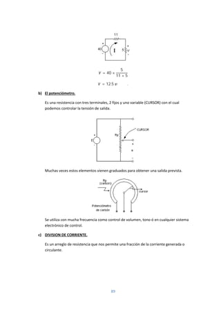 89
= 40 ×
5
11 + 5
= 12.5 .
b) El potenciómetro.
Es una resistencia con tres terminales, 2 fijos y uno variable (CURSOR) con el cual
podemos controlar la tensión de salida.
Muchas veces estos elementos vienen graduados para obtener una salida prevista.
Se utiliza con mucha frecuencia como control de volumen, tono ó en cualquier sistema
electrónico de control.
c) DIVISION DE CORRIENTE.
Es un arreglo de resistencia que nos permite una fracción de la corriente generada o
circulante.
 