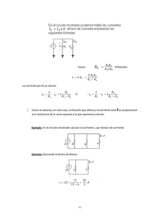 90
Como: = Entonces:
= . =
.
+
La corriente por R2 se calcula:
= =
+
: = =
+
 Como se observa, en este caso, la fracción que afecta a la corriente total I es proporcional
a la resistencia de la rama opuesta a la que queremos calcular.
Ejemplo: En el circuito mostrado calcular la corriente i, por divisor de corriente.
Solución: Buscando la forma de divisor:
= 25 ×
12
12 + 6
=
50
3
.
 
