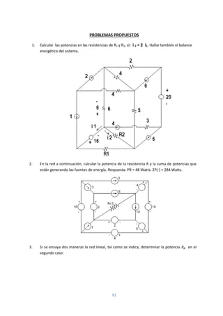 91
PROBLEMAS PROPUESTOS
1. Calcular las potencias en las resistencias de R1 y R2, si: i 2 = 2 i1. Hallar también el balance
energético del sistema.
2. En la red a continuación, calcular la potencia de la resistencia R y la suma de potencias que
están generando las fuentes de energía. Respuesta: PR = 48 Watts. ΣP(-) = 284 Watts.
3. Si se ensaya dos maneras la red lineal, tal como se indica, determinar la potencia ′ en el
segundo caso:
 