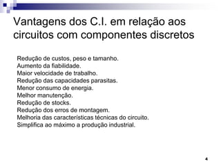 Vantagens dos C.I. em relação aos
circuitos com componentes discretos
Redução de custos, peso e tamanho.
Aumento da fiabilidade.
Maior velocidade de trabalho.
Redução das capacidades parasitas.
Menor consumo de energia.
Melhor manutenção.
Redução de stocks.
Redução dos erros de montagem.
Melhoria das características técnicas do circuito.
Simplifica ao máximo a produção industrial.




                                                     4
 