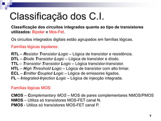 Classificação dos C.I.
Classificação dos circuitos integrados quanto ao tipo de transístores
utilizados: Bipolar e Mos-Fet.
Os circuitos integrados digitais estão agrupados em famílias lógicas.
Famílias lógicas bipolares:
RTL – Resistor Transistor Logic – Lógica de transístor e resistência.
DTL – Díode Transistor Logic – Lógica de transístor e díodo.
TTL – Transistor Transistor Logic – Lógica transístor-transístor.
HTL – High Threshold Logic – Lógica de transístor com alto limiar.
ECL – Emitter Coupled Logic – Lógica de emissores ligados.
I2L – Integrated-Injection Logic – Lógica de injecção integrada.

Famílias lógicas MOS:
CMOS – Complemantary MOS – MOS de pares complementares NMOS/PMOS
NMOS – Utiliza só transístores MOS-FET canal N.
PMOS - Utiliza só transístores MOS-FET canal P.

                                                                        7
 