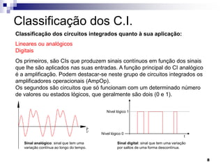 Classificação dos C.I.
Classificação dos circuitos integrados quanto à sua aplicação:
Lineares ou analógicos
Digitais
Os primeiros, são CIs que produzem sinais contínuos em função dos sinais
que lhe são aplicados nas suas entradas. A função principal do CI analógico
é a amplificação. Podem destacar-se neste grupo de circuitos integrados os
amplificadores operacionais (AmpOp).
Os segundos são circuitos que só funcionam com um determinado número
de valores ou estados lógicos, que geralmente são dois (0 e 1).

                                             Nível lógico 1




                                          Nível lógico 0
                                                                                          t
   Sinal analógico: sinal que tem uma              Sinal digital: sinal que tem uma variação
   variação contínua ao longo do tempo.            por saltos de uma forma descontínua.


                                                                                               8
 