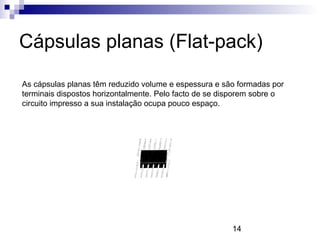 14
Cápsulas planas (Flat-pack)
As cápsulas planas têm reduzido volume e espessura e são formadas por
terminais dispostos horizontalmente. Pelo facto de se disporem sobre o
circuito impresso a sua instalação ocupa pouco espaço.
 