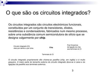 3
O que são os circuitos integrados?
Os circuitos integrados são circuitos electrónicos funcionais,
constituídos por um conjunto de transístores, díodos,
resistências e condensadores, fabricados num mesmo processo,
sobre uma substância comum semicondutora de silício que se
designa vulgarmente por chip.
Chip
Terminais do CI
Fios finíssimos
de ligação do chip
aos terminais do CI
Circuito integrado (CI)
visto por dentro e por cima.
Chip
Terminais do CI
Fios finíssimos
de ligação do chip
aos terminais do CI
Circuito integrado (CI)
visto por dentro e por cima.
O circuito integrado propriamente dito chama-se pastilha (chip, em inglês) e é muito
pequeno. A maior parte do tamanho externo do circuito integrado deve-se à caixa e às
ligações da pastilha aos terminais externos.
 