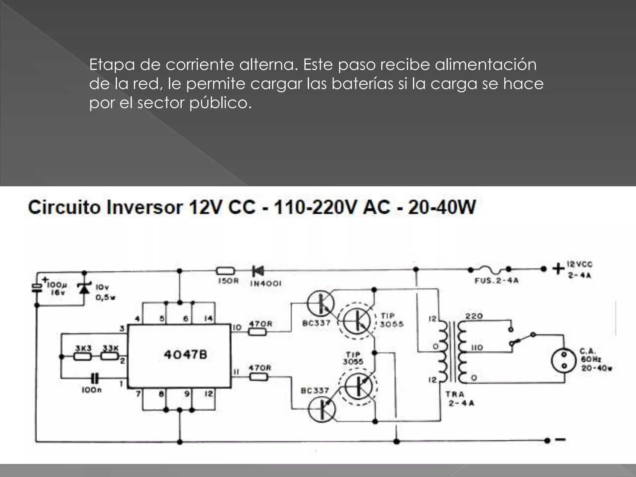 Etapa de corriente alterna. Este paso recibe alimentación
de la red, le permite cargar las baterías si la carga se hace
por el sector público.
 