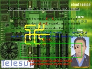 Equivalencia de expresiones booleanas
Dos expresiones booleanas, E1 y E2 , se dicen que son
equivalentes (es decir, E1 = E2 ) cuando, ante las mismas
entradas, provocan las mismas salidas. Esto se puede
comprobar a partir de la tabla de verdad, o bien, partiendo de
una de ellas y aplicar álgebra de Boole, hasta llegar a la otra.
Ejemplo: Demostrar que E1 = E2 , donde:

E1 = a .b .h + c . f .g .h + d . f .g .h + e . f .g .h

E 2 = (a + b).(c.d .e + f .g ).h
¿es práctico usar la tabla de verdad
para comprobarlo en este caso?

 
