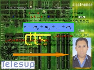 Forma canónica “Suma de minitérminos”
Dada una función z de “n” variables, cuya tabla de verdad
tiene “1” en las filas a, b, ..., k, y “0” en las demás. A partir de
...
la definición de minitérmino, y usando la función OR, es
evidente que:
a
b
k

z = m + m + ... + m

Ejemplo: Sean las funciones para z1=Z1(A,B,C,D),
(A,B,C,D)
z2=Z2(A,B,C,D) y z3=Z3(A,B,C,D), caracterizadas por
(A,B,C,D)
la siguiente tabla de verdad, determinar las funciones
booleanas correspondientes:

 