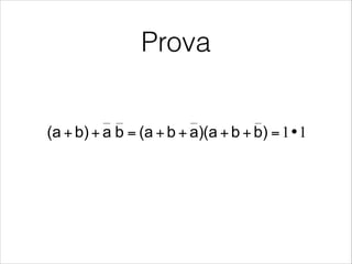 Prova
De Morgan laws:
•  ∀ a, b∈ B ⇒
•  Proof:
therefore (a+b) is the inverse of
baba
baba
+=•
=+
11•=++++=++ )bba)(aba(ba)ba(
ba
 