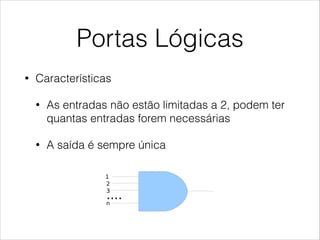 Portas Lógicas
• Características
• As entradas não estão limitadas a 2, podem ter
quantas entradas forem necessárias
• A saída é sempre única
Copyleft Rossano Pablo Pinto 4
Portas Lógicas
● Características
– As estradas não estão limitadas a 2. Podem
ter quantas entradas forem necessárias.
– A saída é sempre única
1
2
3
n
....
 