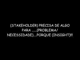 (STAKEHOLDER) PRECISA DE ALGO
PARA ......(PROBLEMA/
NECESSIDADE)....PORQUE (INSIGHT)!!!
 