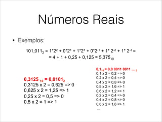 Números Reais
• Exemplos:
Real numbers conversion
!  Conversion from binary to decimal can be obtained using the
same method as for integer numbers (just using negative
weights for the decimal part) :
101,0112 = 1*22 + 0*21 + 1*21 + 0*2-1 + 1* 2-2 + 1* 2-3 =
= 4 + 1 + 0,25 + 0,125 = 5,37510
!  Conversion from decimal to binary is obtained in two steps:
•  Convert first the integer part, using repeated division or weight
decomposition.
•  Then convert the decimal part, using an analogous method: repeated
multiplication by the base.
uis Entrena, Celia López, Mario García, Enrique San Millán. Universidad Carlos III de Madrid, 2008 15
base:
•  The decimal part is multiplied by 2. Then the integer pa
first bit (MSB of the decimal part) of the conversion.
•  The obtained decimal part is multiplied by 2, and again
the next digit of the conversion.
•  Iterate this procedure several times, depending on the
the conversion.
Examples:
0,3125 10 = 0,01012
0,3125 x 2 = 0,625 => 0
0,625 x 2 = 1,25 => 1
0,25 x 2 = 0,5 => 0
0,5 x 2 = 1 => 1
0,110 = 0,0 0011 0011 ... 2
0,1 x 2 = 0,2 => 0
0,2 x 2 = 0,4 => 0
0,4 x 2 = 0,8 => 0
0,8 x 2 = 1,6 => 1
0,6 x 2 = 1,2 => 1
0,2 x 2 = 0,4 => 0 <- the last four d
0,4 x 2 = 0,8 => 0
0,8 x 2 = 1,6 => 1
...
!  The decimal part of the number is multiplied repeate
base:
•  The decimal part is multiplied by 2. Then the integer part of
first bit (MSB of the decimal part) of the conversion.
•  The obtained decimal part is multiplied by 2, and again, the
the next digit of the conversion.
•  Iterate this procedure several times, depending on the desir
the conversion.
!  Examples:
© Luis Entrena, Celia López, Mario García, Enrique San Millán. Universidad Carlos III de Madrid
0,3125 10 = 0,01012
0,3125 x 2 = 0,625 => 0
0,625 x 2 = 1,25 => 1
0,25 x 2 = 0,5 => 0
0,5 x 2 = 1 => 1
0,110 = 0,0 0011 0011 ... 2
0,1 x 2 = 0,2 => 0
0,2 x 2 = 0,4 => 0
0,4 x 2 = 0,8 => 0
0,8 x 2 = 1,6 => 1
0,6 x 2 = 1,2 => 1
0,2 x 2 = 0,4 => 0 <- the last four digits w
0,4 x 2 = 0,8 => 0
0,8 x 2 = 1,6 => 1
...
!  The decimal part of the number is multiplied repeate
base:
•  The decimal part is multiplied by 2. Then the integer part of t
first bit (MSB of the decimal part) of the conversion.
•  The obtained decimal part is multiplied by 2, and again, the
the next digit of the conversion.
•  Iterate this procedure several times, depending on the desire
the conversion.
!  Examples:
© Luis Entrena, Celia López, Mario García, Enrique San Millán. Universidad Carlos III de Madrid
0,3125 10 = 0,01012
0,3125 x 2 = 0,625 => 0
0,625 x 2 = 1,25 => 1
0,25 x 2 = 0,5 => 0
0,5 x 2 = 1 => 1
0,110 = 0,0 0011 0011 ... 2
0,1 x 2 = 0,2 => 0
0,2 x 2 = 0,4 => 0
0,4 x 2 = 0,8 => 0
0,8 x 2 = 1,6 => 1
0,6 x 2 = 1,2 => 1
0,2 x 2 = 0,4 => 0 <- the last four digits w
0,4 x 2 = 0,8 => 0
0,8 x 2 = 1,6 => 1
...
 