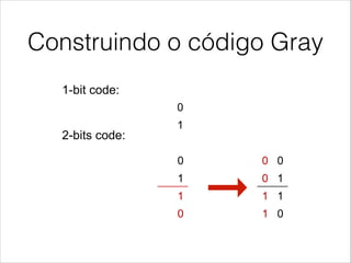 Construindo o código Gray
© Luis Entrena, Celia López, Mario García, Enrique San Millán. Universidad Carlos III de Madrid, 20
Gray Code
!  Construction of n-bit Gray codes:
•  First the n-1 bit code is copied. Then it is copied again in invers
•  Then a 0 is added in the first part of the table, and a 1 in the se
!  1-bit code:
!  2-bits code:
0
1
0
1
1
0
0 0
0 1
1 1
1 0
 