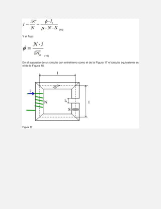 (15)
Y el flujo:
(16)
En el supuesto de un circuito con entrehierro como el de la Figura 17 el circuito equivalente es
el de la Figura 18.
Figura 17
 