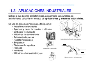1.2.- APLICACIONES INDUSTRIALES
Debido a sus buenas características, actualmente la neumática es
ampliamente utilizada en multitud de aplicaciones y entornos industriales.
Se usa en sistemas industriales tales como:
• Plataformas elevadoras
• Apertura y cierre de puertas o válvulas
• Embalaje y envasado
• Máquinas de conformado
• Taladrado de piezas
• Robots industriales
• Etiquetado
• Sistemas de logística
• Prensas
• Pulidoras
• Máquinas - herramientas; etc.
multimedia presentacionVIDEOS aplicaciones de la neumatica
 