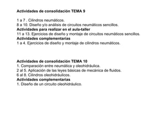 Actividades de consolidación TEMA 9
1 a 7 . Cilindros neumáticos.
8 a 10. Diseño y/o análisis de circuitos neumáticos sencillos.
Actividades para realizar en el aula-taller
11 a 13. Ejercicios de diseño y montaje de circuitos neumáticos sencillos.
Actividades complementarias
1 a 4. Ejercicios de diseño y montaje de cilindros neumáticos.
Actividades de consolidación TEMA 10
1. Comparación entre neumática y oleohidráulica.
2 al 5. Aplicación de las leyes básicas de mecánica de fluidos.
6 al 8. Cilindros oleohidráulicos.
Actividades complementarias
1. Diseño de un circuito oleohidráulico.
 