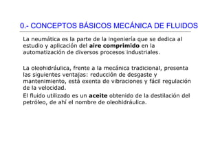 0.- CONCEPTOS BÁSICOS MECÁNICA DE FLUIDOS
La neumática es la parte de la ingeniería que se dedica al
estudio y aplicación del aire comprimido en la
automatización de diversos procesos industriales.
La oleohidráulica, frente a la mecánica tradicional, presenta
las siguientes ventajas: reducción de desgaste y
mantenimiento, está exenta de vibraciones y fácil regulación
de la velocidad.
El fluido utilizado es un aceite obtenido de la destilación del
petróleo, de ahí el nombre de oleohidráulica.
 