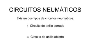 CIRCUITOS NEUMÁTICOS
Existen dos tipos de circuitos neumáticos:
o Circuito de anillo cerrado
o Circuito de anillo abierto
 